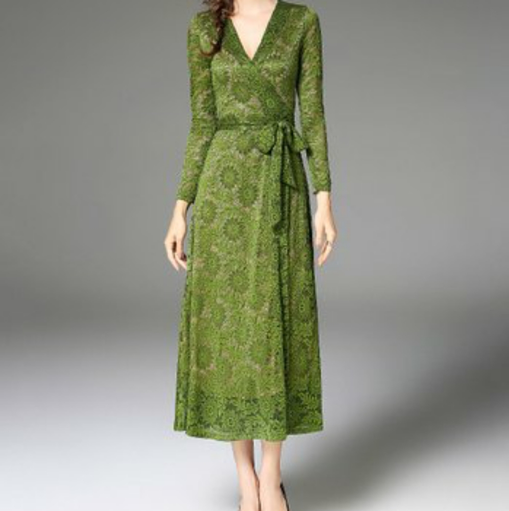 Kaimilan green floral long sleeve wrap dress